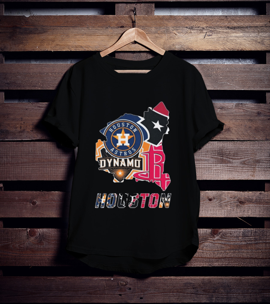 Houston Astros Texans Dynamo Rockets Map Logo Collage T-Shirt