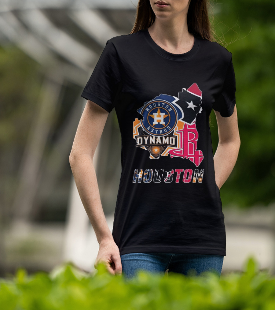 Houston Astros Texans Dynamo Rockets Map Logo Collage T-Shirt