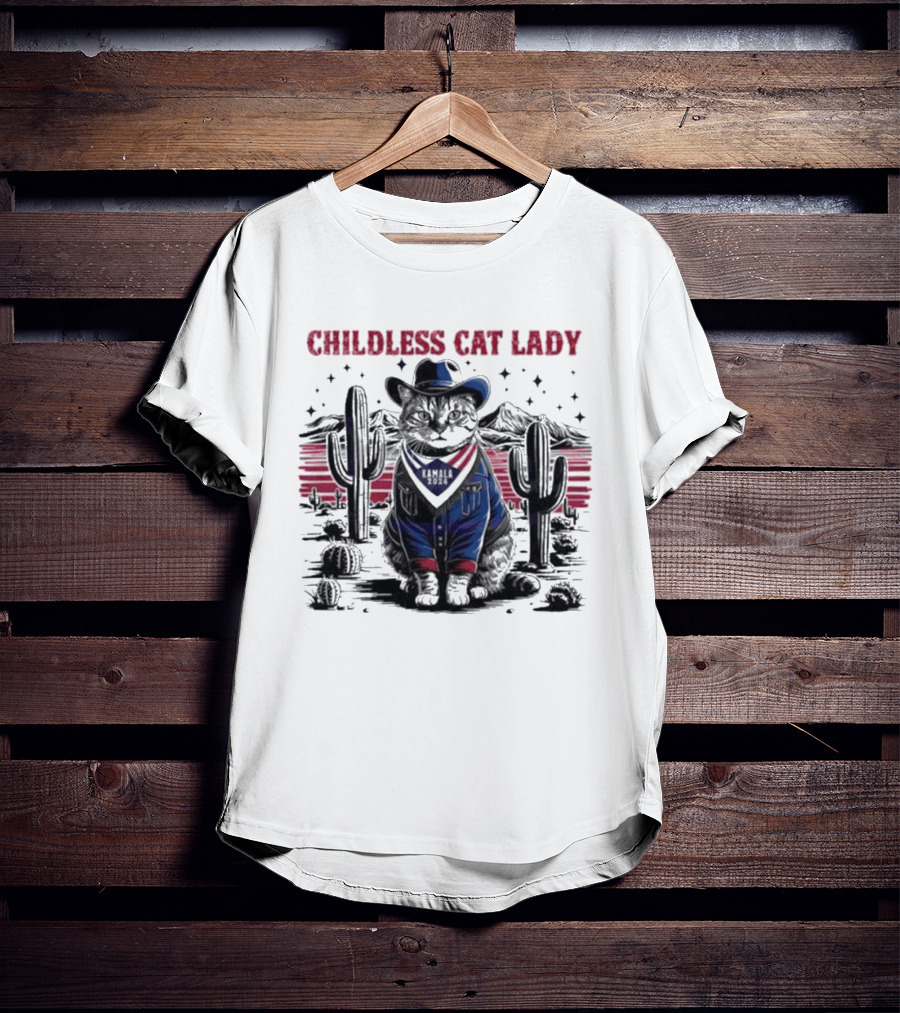 Kamala 2024 Childless Cat Lady Cowboy Desert Cactus Scene T-Shirt