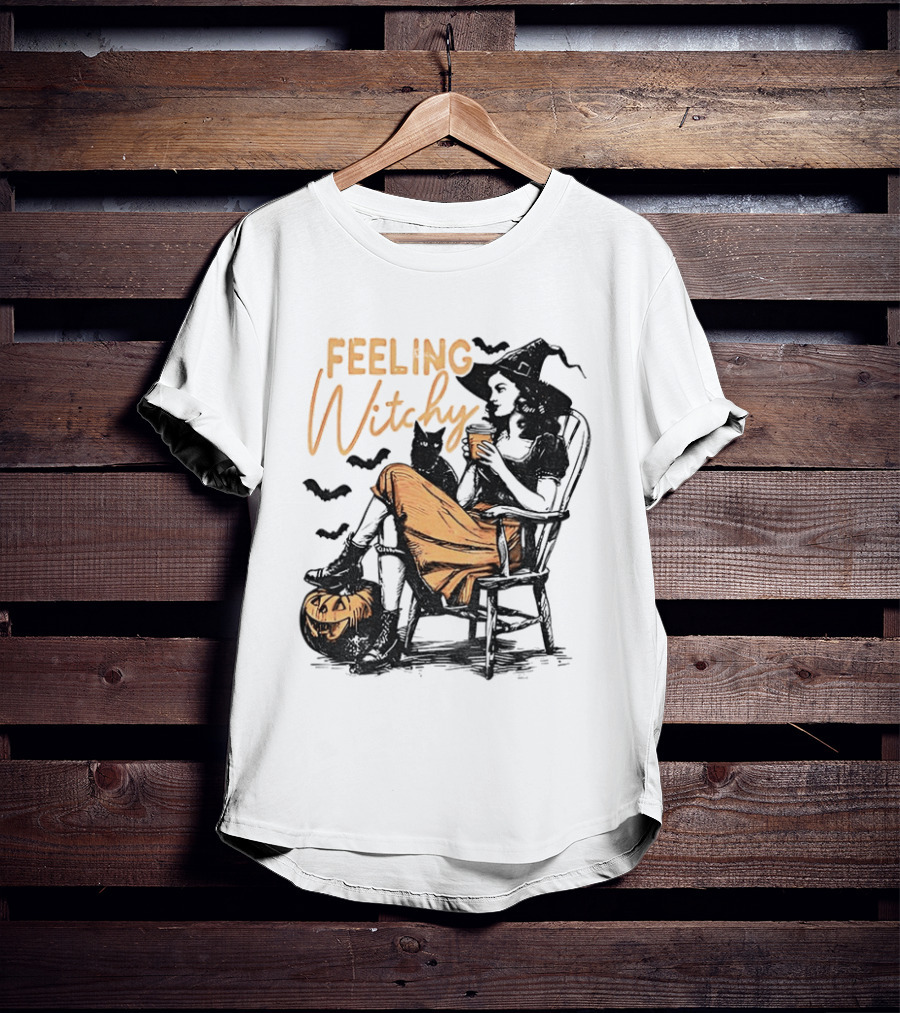 Feeling Witchy Witch With Pumpkin And Bats Halloween Vibes T-Shirt