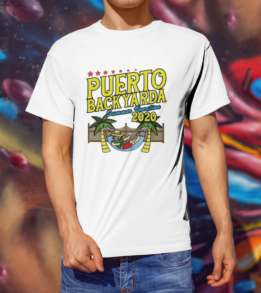 Puerto Backyarda Summer Vacation 2020 Relaxing Hammock Palm Trees Retro Cartoon T-Shirt