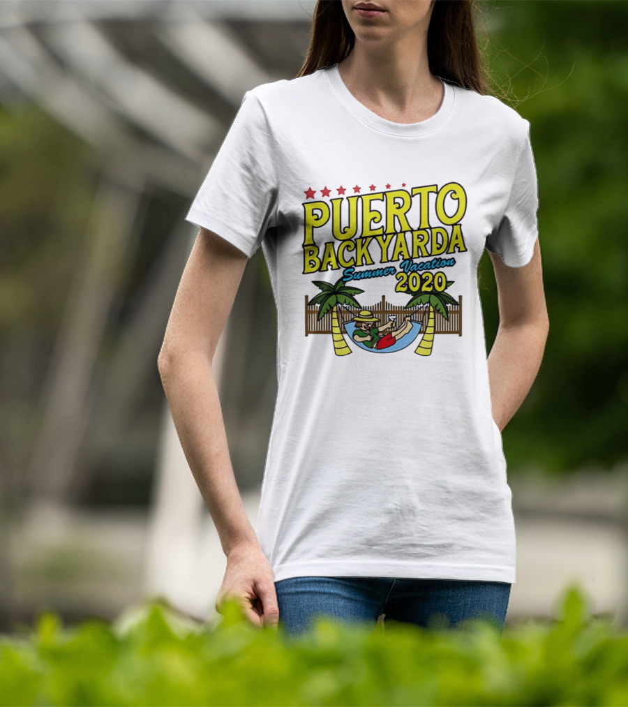 Puerto Backyarda Summer Vacation 2020 Relaxing Hammock Palm Trees Retro Cartoon T-Shirt
