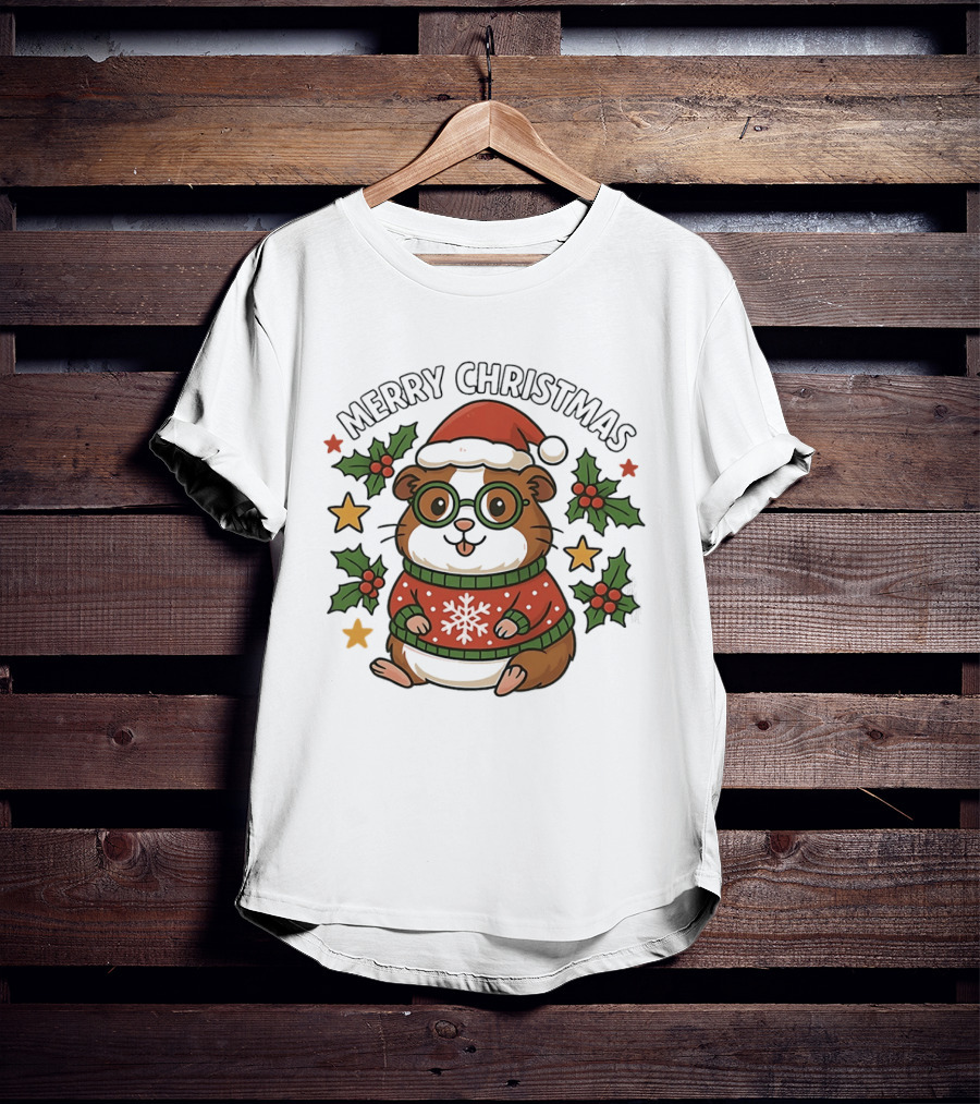 Merry Christmas Santa Guinea Pig In Holiday Sweater With Holly And Stars T-Shirt