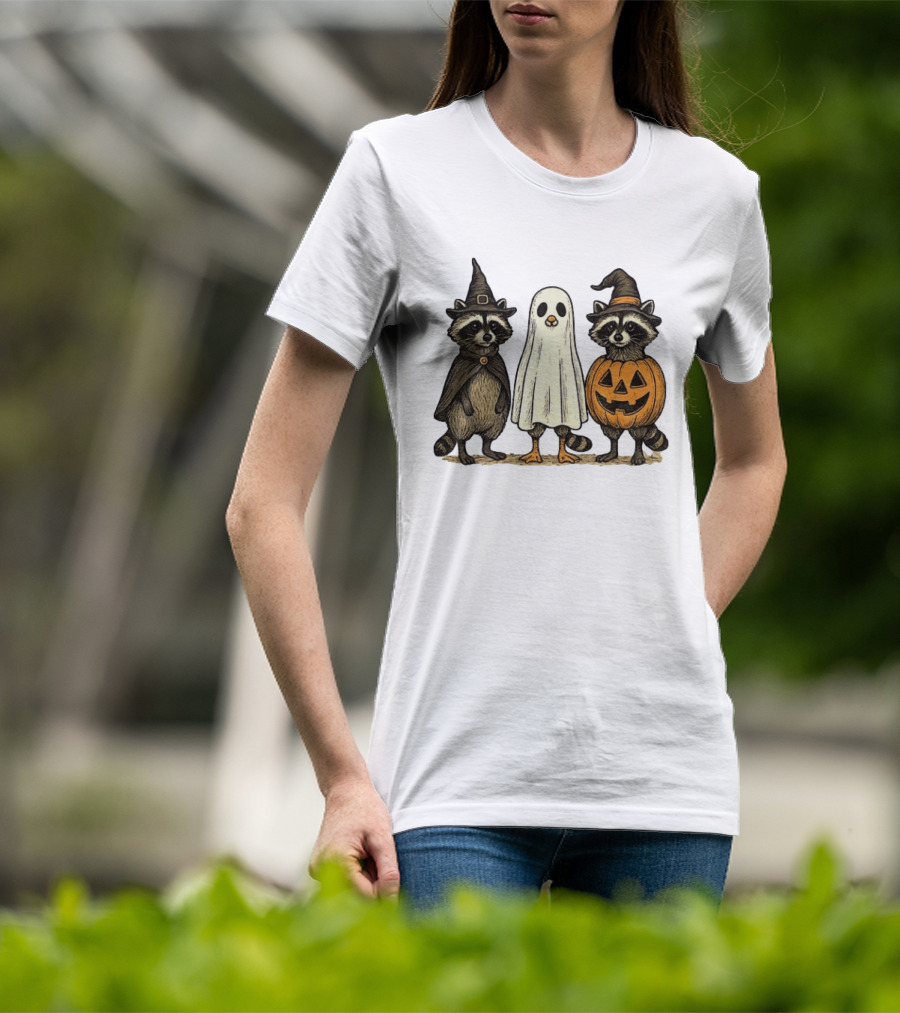 Spooky Boo Ghost Raccoon Pumpkin Raccoon Witch Hat Happy Halloween 2025 T-Shirt