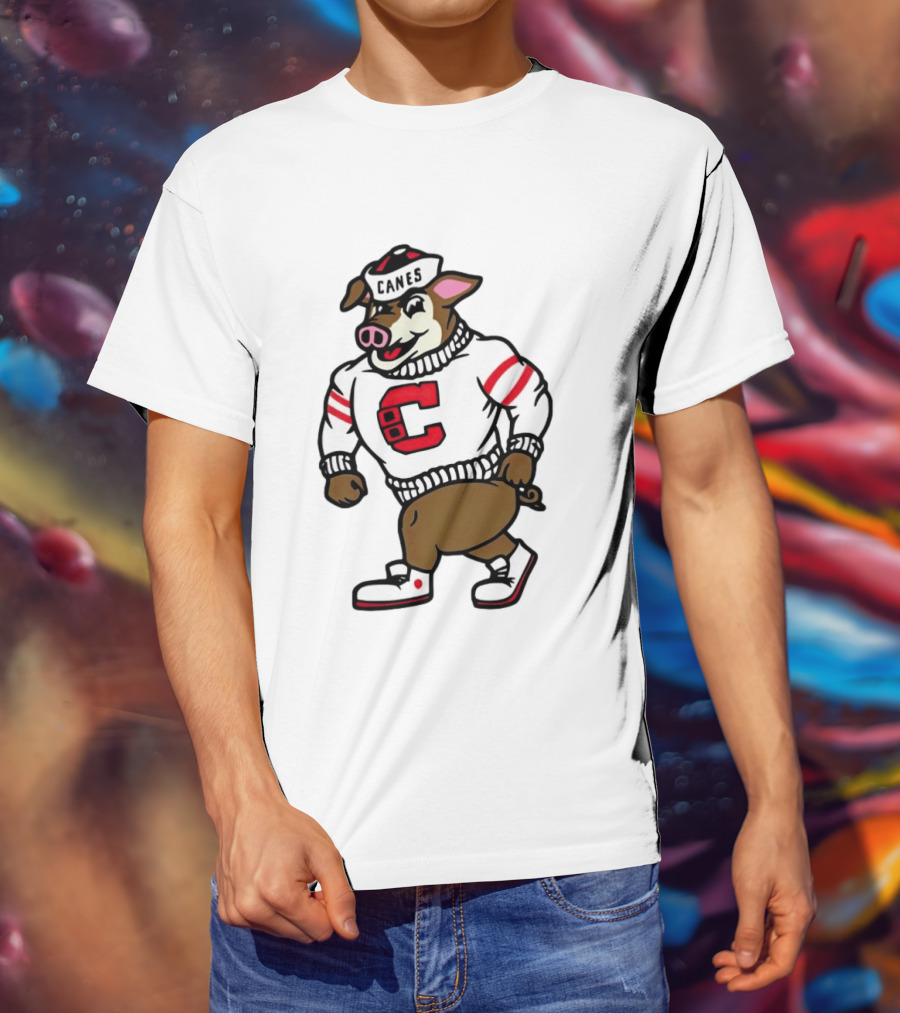Canes Mascot Pig In Red And White Sweater With Stripes T-Shirt
