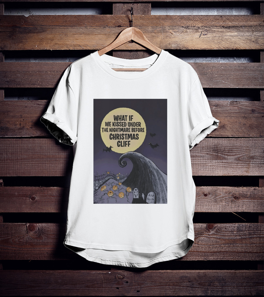 What If We Kissed Under The Nightmare Before Christmas Cliff Halloween Moon Bats Pumpkins Graveyard Scene T-Shirt