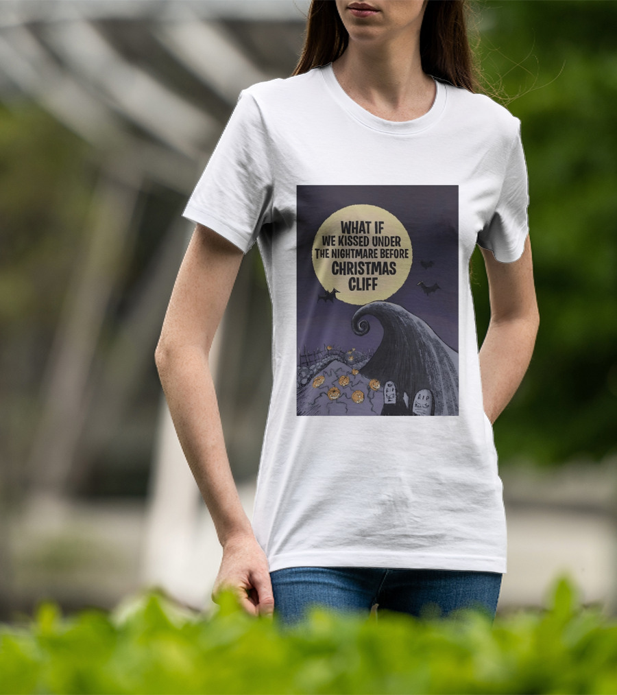 What If We Kissed Under The Nightmare Before Christmas Cliff Halloween Moon Bats Pumpkins Graveyard Scene T-Shirt
