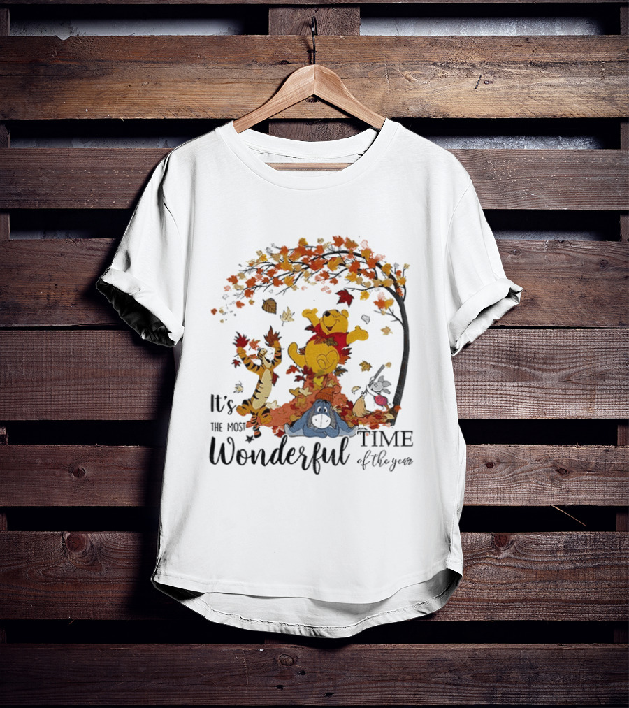 Winnie The Pooh It's The Most Wonderful Time Of The Year Happy Fall Autumn Leaves T-Shirt