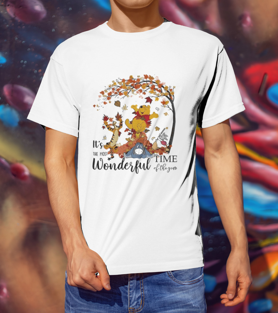 Winnie The Pooh It's The Most Wonderful Time Of The Year Happy Fall Autumn Leaves T-Shirt