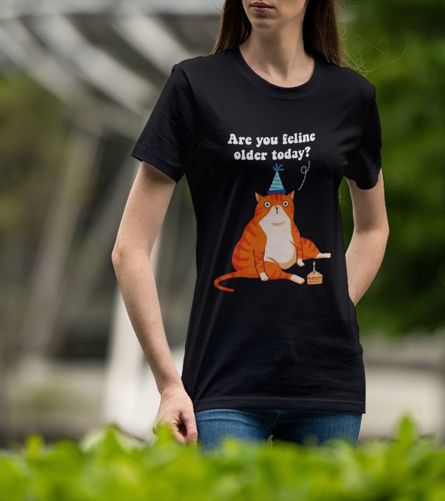 Are You Feline Older Today Birthday Cat With Party Hat And Cake T-Shirt