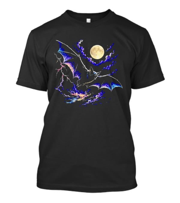Bat Flying In Stormy Night With Full Moon Lightning And Clouds T-Shirt