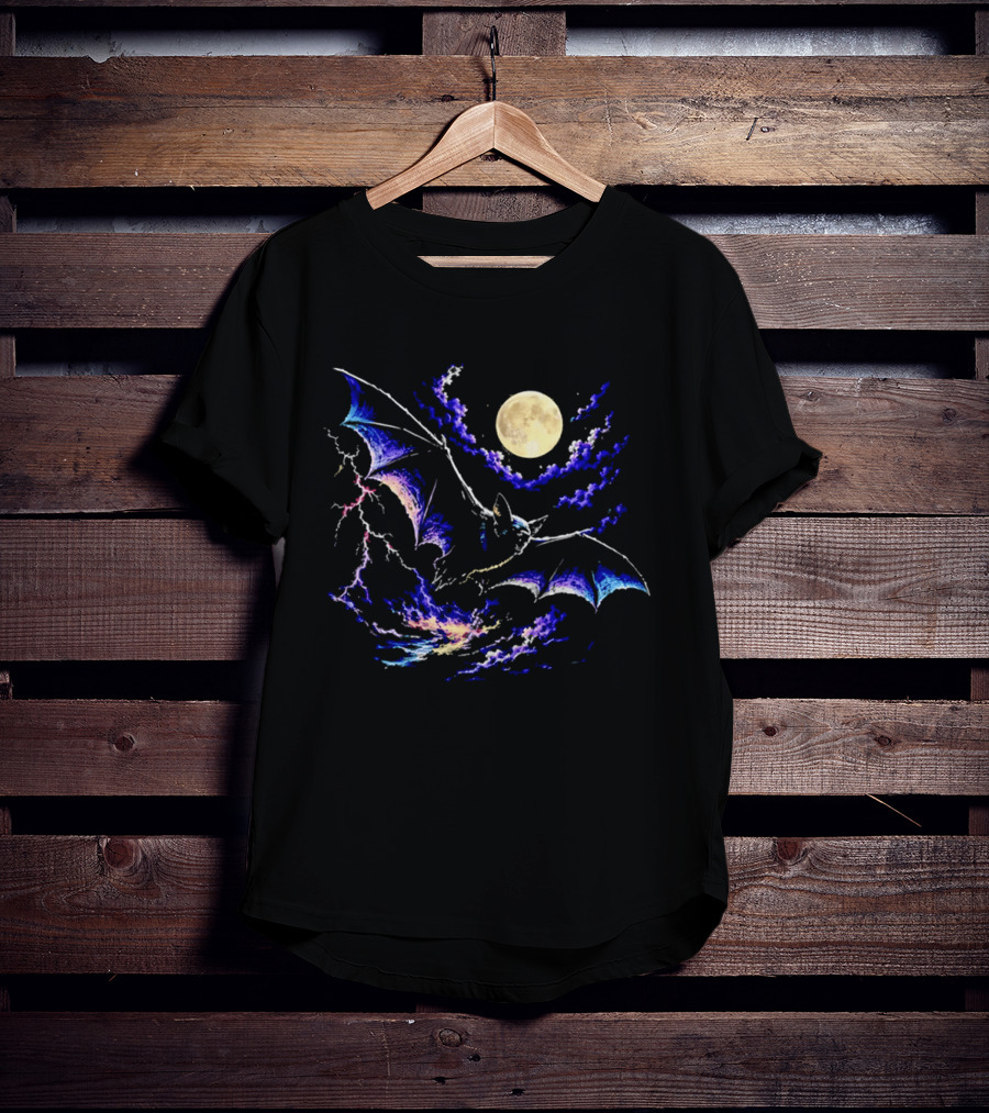 Bat Flying In Stormy Night With Full Moon Lightning And Clouds T-Shirt
