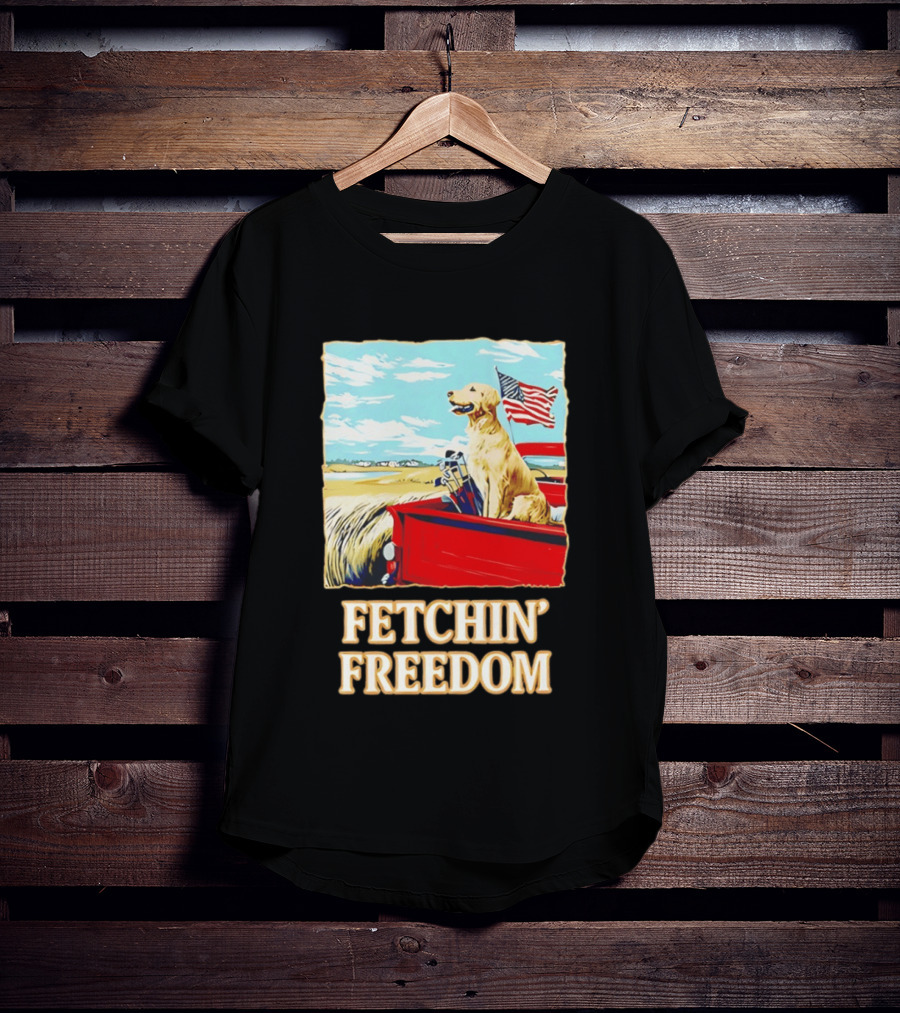 Fetching Freedom Dog And American Flag Scene T-Shirt