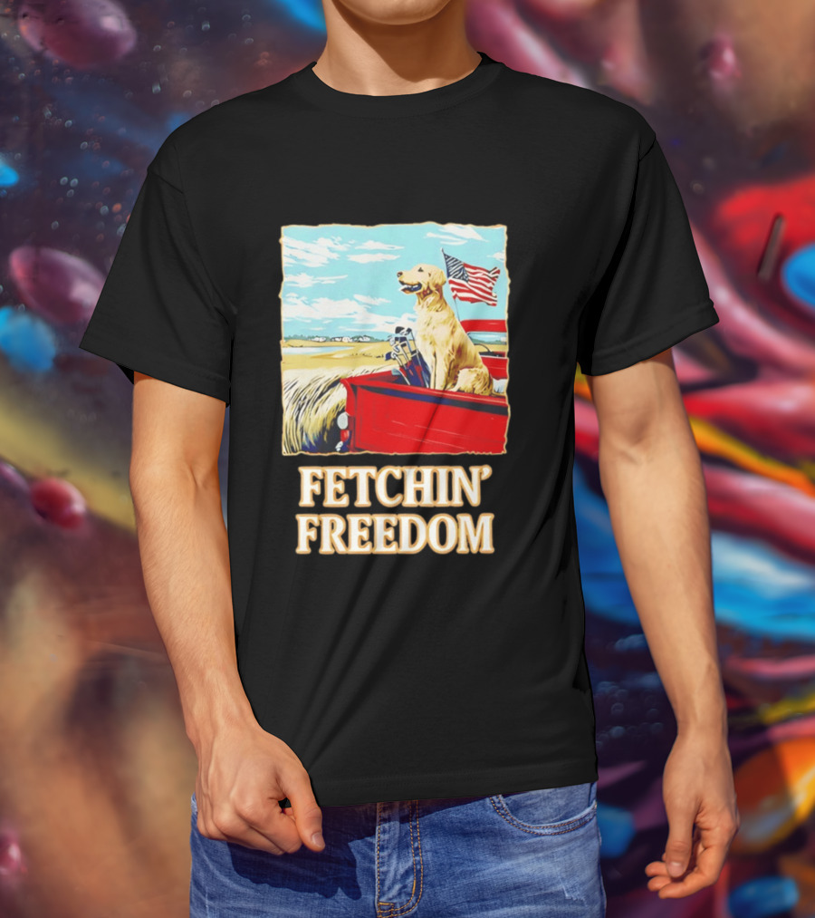 Fetching Freedom Dog And American Flag Scene T-Shirt