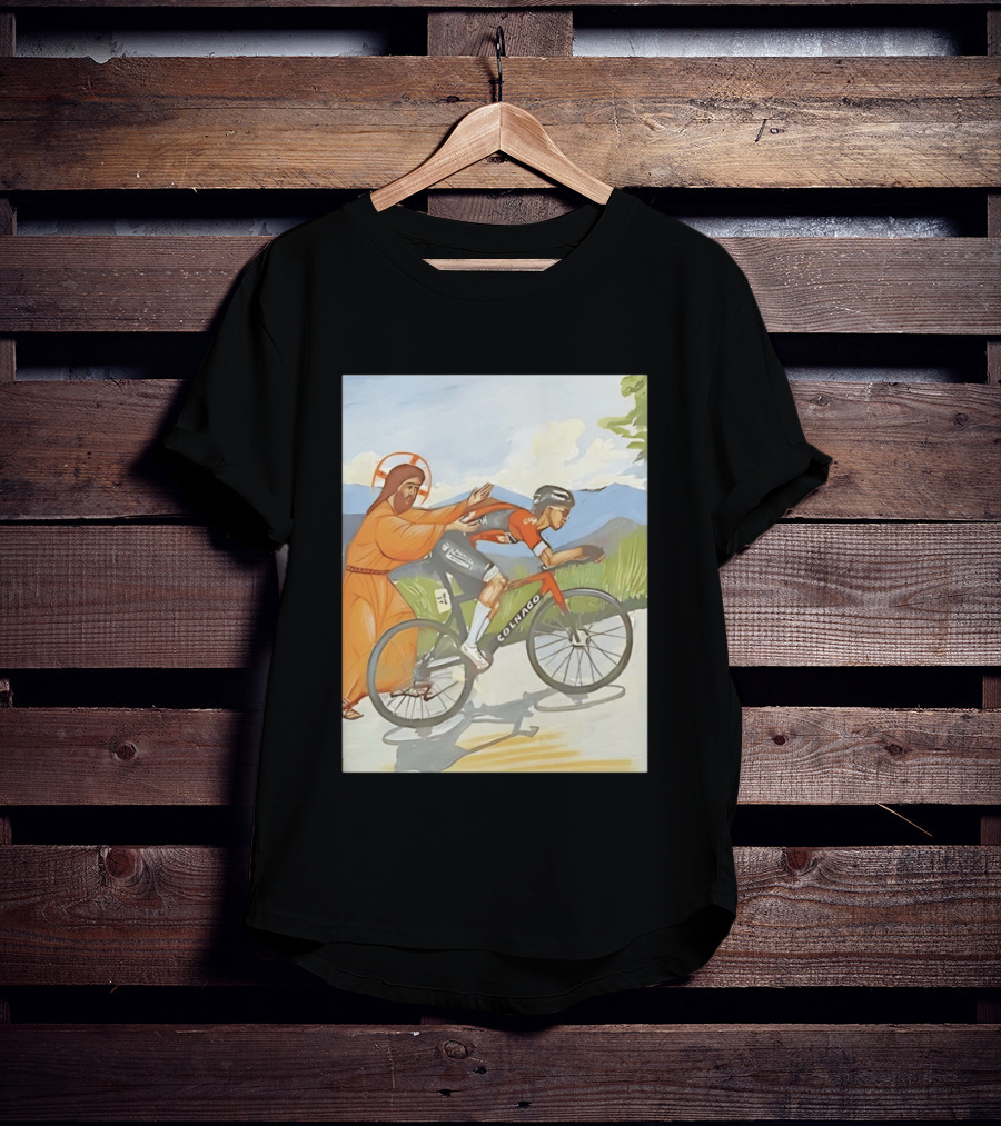 Jesus Gives Tadej Pogačar A Push Colnago Cycling T-Shirt