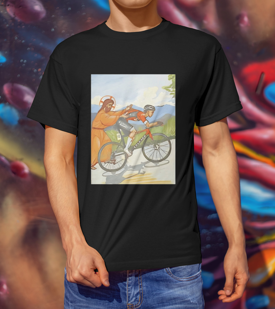 Jesus Gives Tadej Pogačar A Push Colnago Cycling T-Shirt