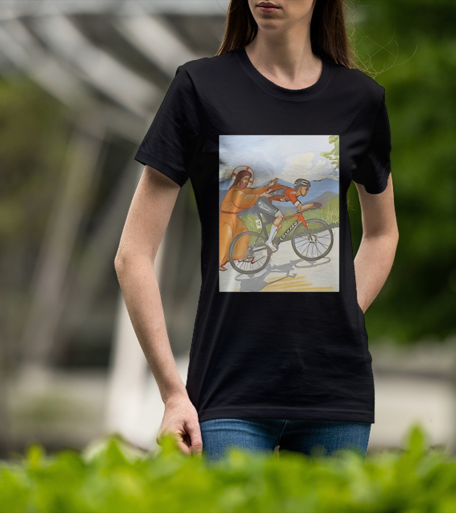 Jesus Gives Tadej Pogačar A Push Colnago Cycling T-Shirt