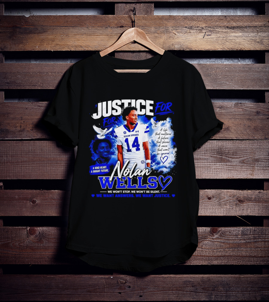 Justice For Nolan Wells Ocean Springs Football Number 14 Ignored Heart We Won't Stop Silent T-Shirt