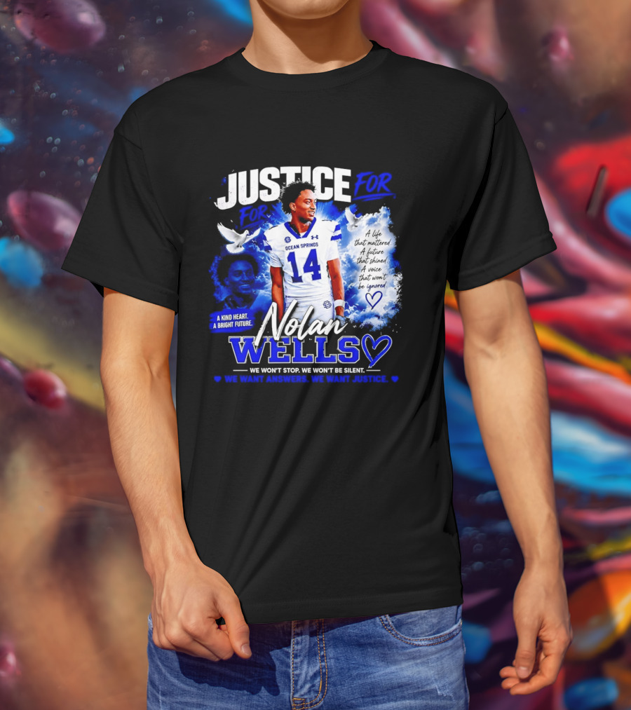 Justice For Nolan Wells Ocean Springs Football Number 14 Ignored Heart We Won't Stop Silent T-Shirt