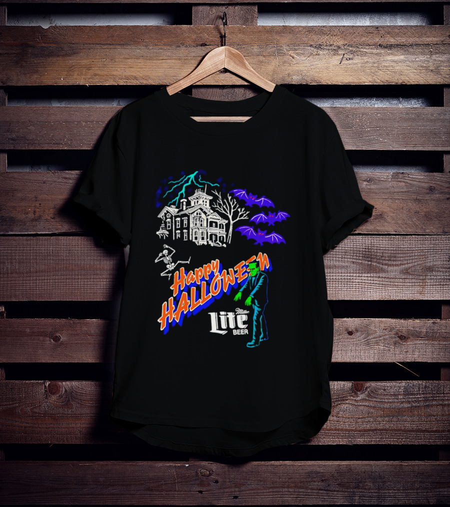 Happy Halloween Miller Lite Beer Haunted House Frankenstein Bats T-Shirt