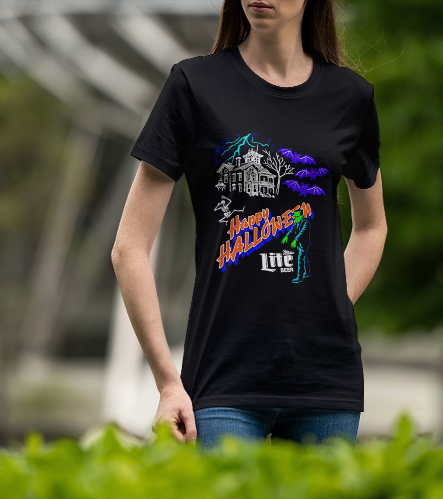 Happy Halloween Miller Lite Beer Haunted House Frankenstein Bats T-Shirt