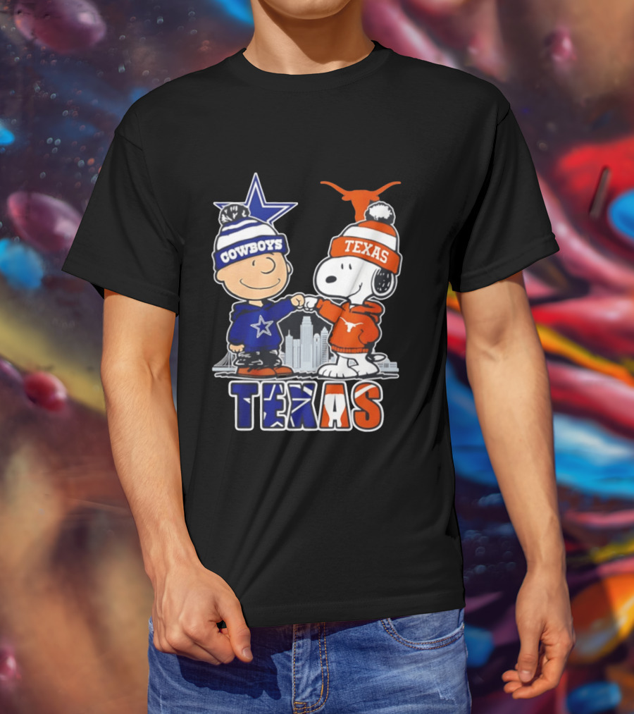 Dallas Cowboys Texas Longhorns Peanuts Characters Stadium Scene T-Shirt