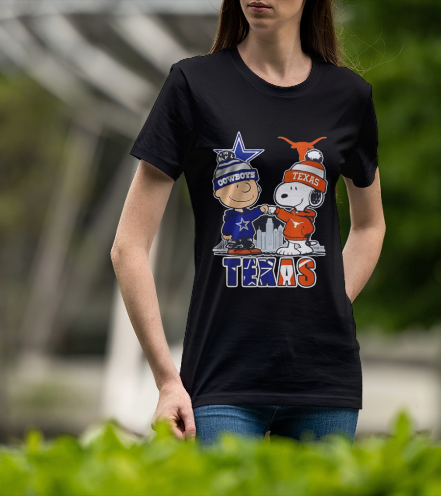 Dallas Cowboys Texas Longhorns Peanuts Characters Stadium Scene T-Shirt