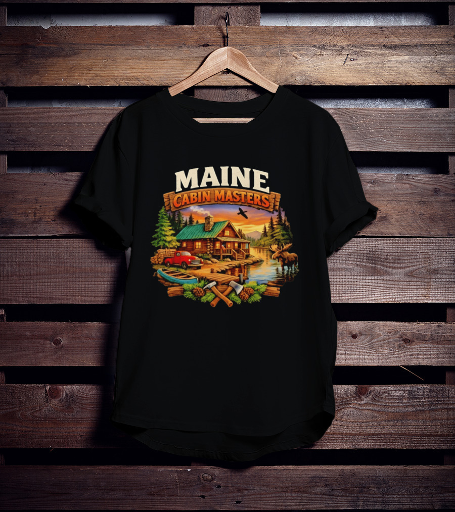 Maine Cabin Masters Rustic Wilderness Scene With Moose And Red Truck T-Shirt