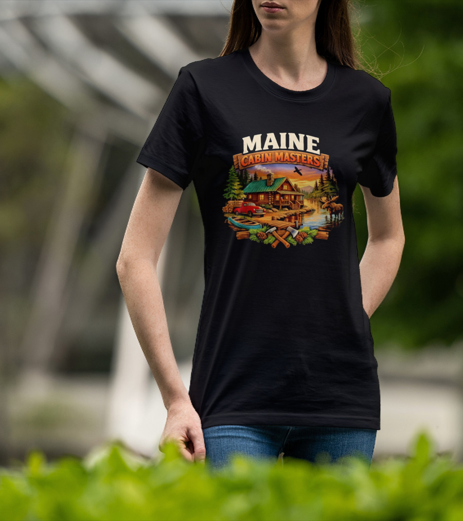 Maine Cabin Masters Rustic Wilderness Scene With Moose And Red Truck T-Shirt