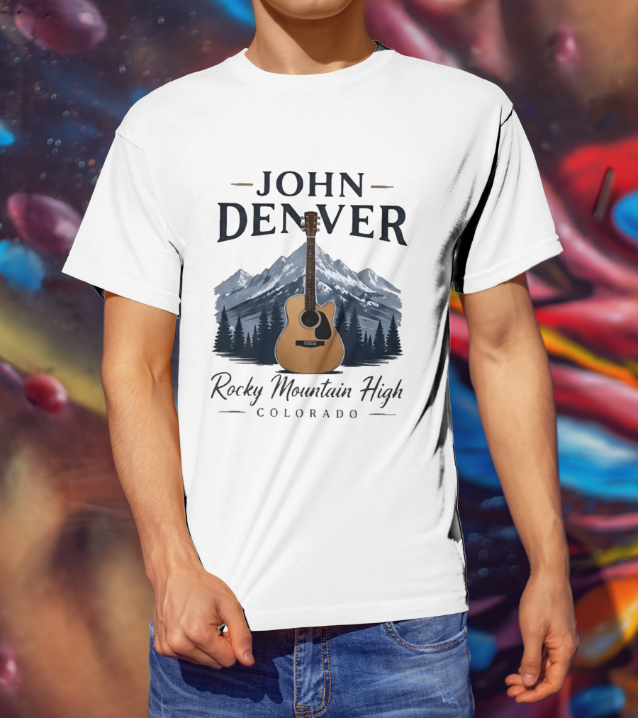John Denver Rocky Mountain High Colorado Guitar Mountain Scene T-Shirt
