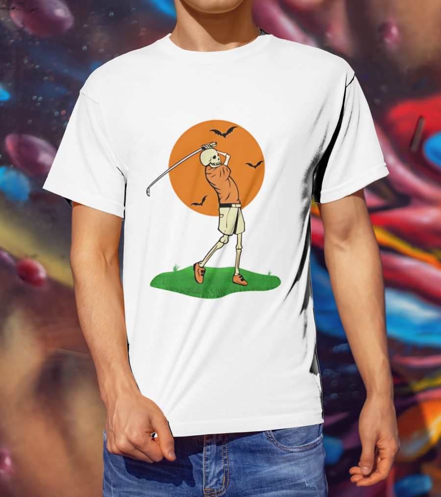 Skeleton Golfer At Sunset With Flying Bats T-Shirt