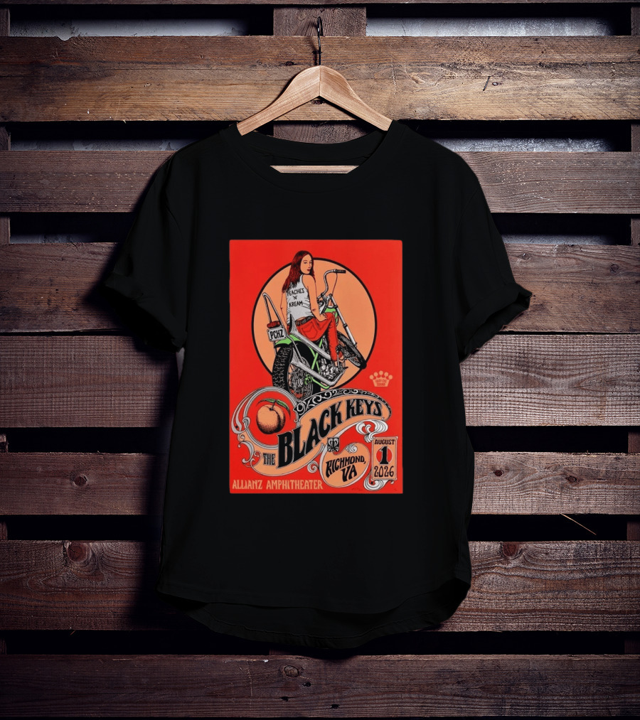 The Black Keys Allianz Amphitheater Richmond VA August 1 2026 Peaches N Kream Motorcycle T-Shirt