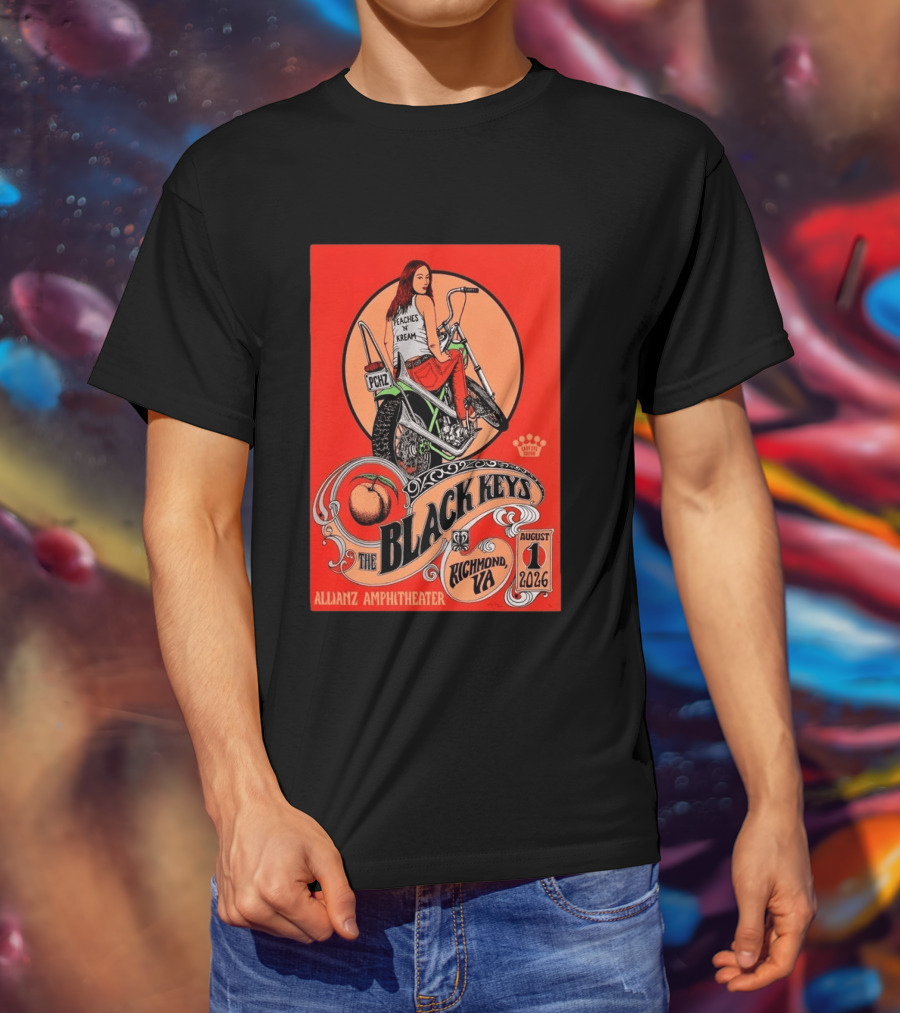 The Black Keys Allianz Amphitheater Richmond VA August 1 2026 Peaches N Kream Motorcycle T-Shirt