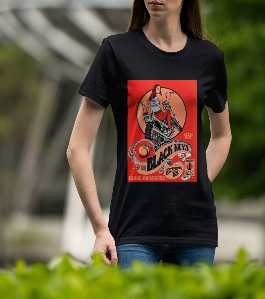 The Black Keys Allianz Amphitheater Richmond VA August 1 2026 Peaches N Kream Motorcycle T-Shirt