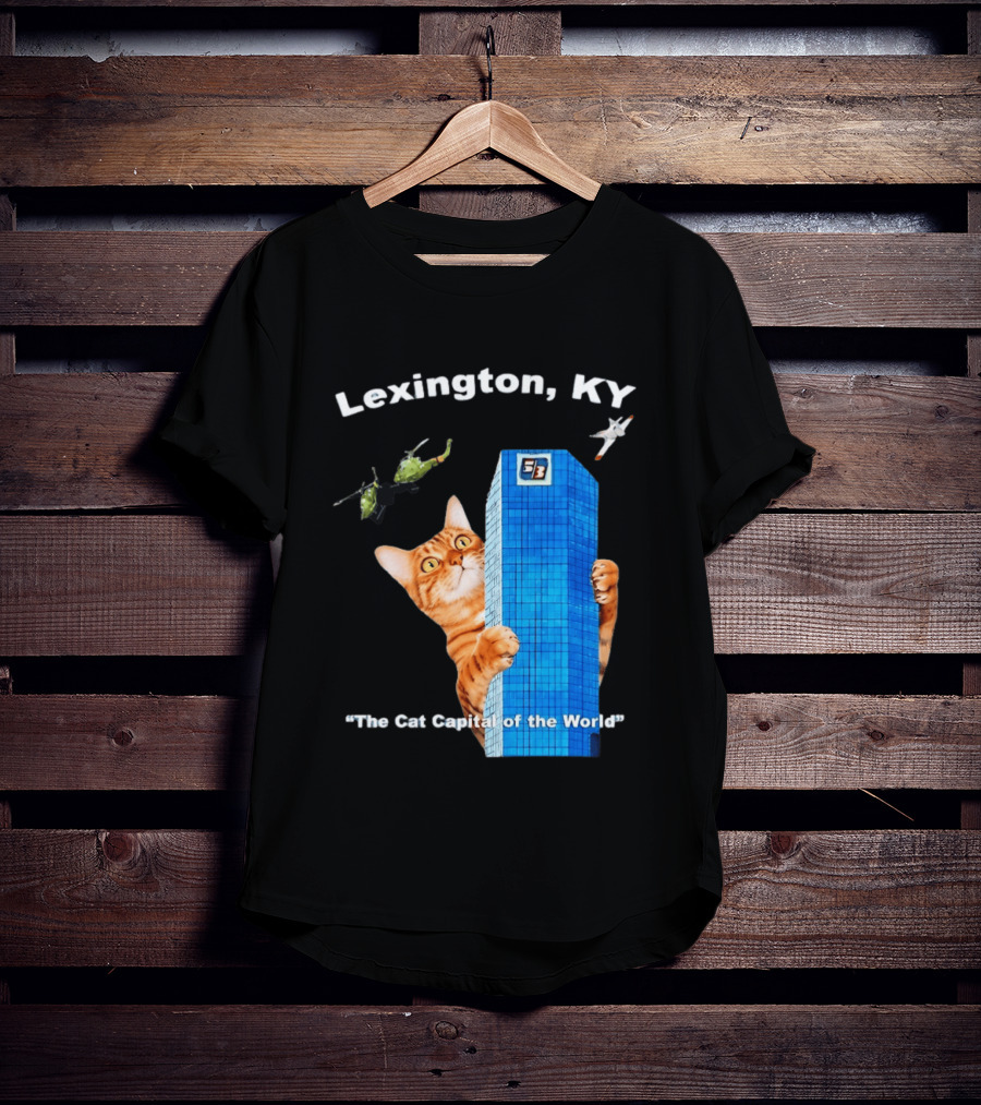 Lexington KY The Cat Capital Of The World Funny Cat With Building And Helicopter T-Shirt