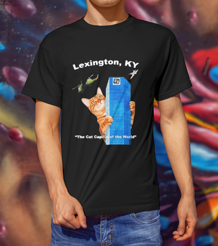Lexington KY The Cat Capital Of The World Funny Cat With Building And Helicopter T-Shirt