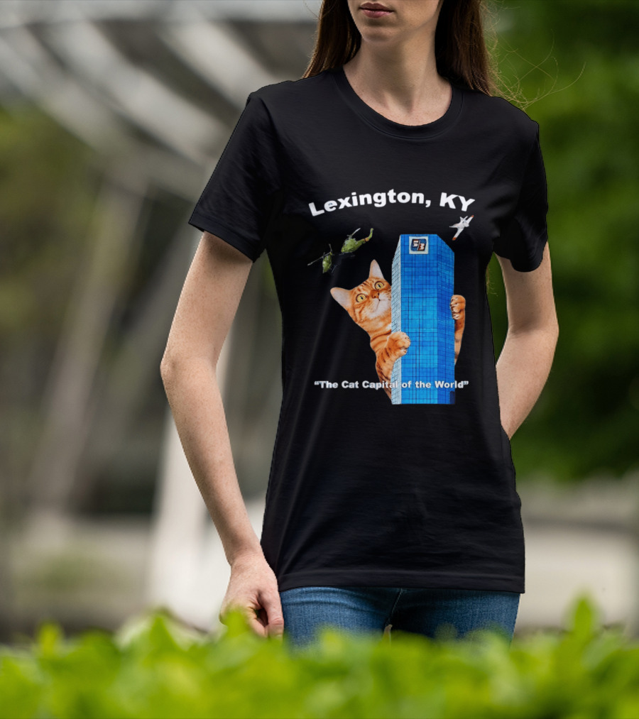 Lexington KY The Cat Capital Of The World Funny Cat With Building And Helicopter T-Shirt