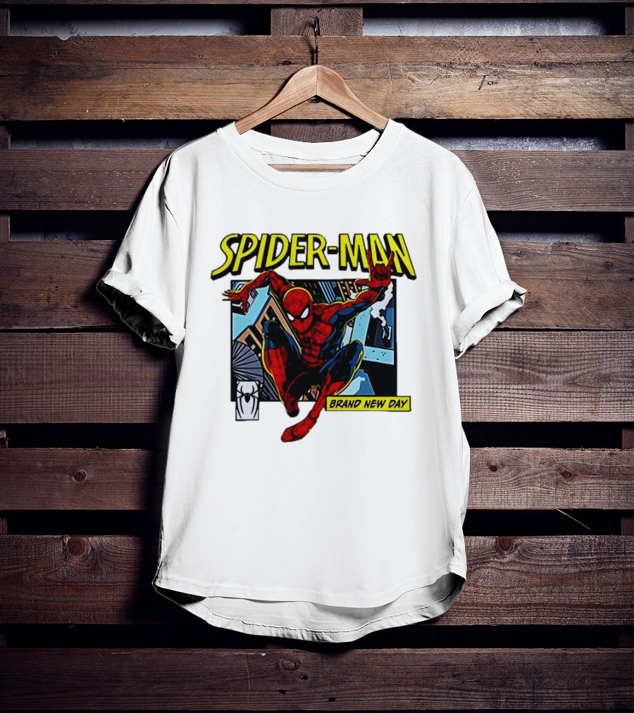 Spider Man Brand New Day Iconic Comic Style Swinging Action T-Shirt