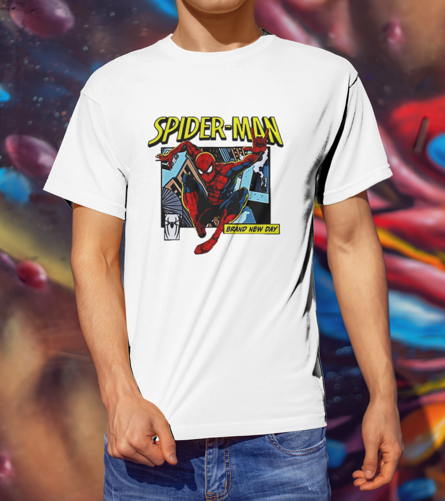 Spider Man Brand New Day Iconic Comic Style Swinging Action T-Shirt