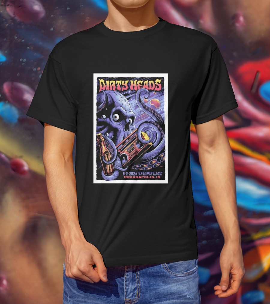 Dirty Heads Everwise Amp At White River 8.2.2026 Indianapolis IN Octopus Skull Alien Boombox T-Shirt