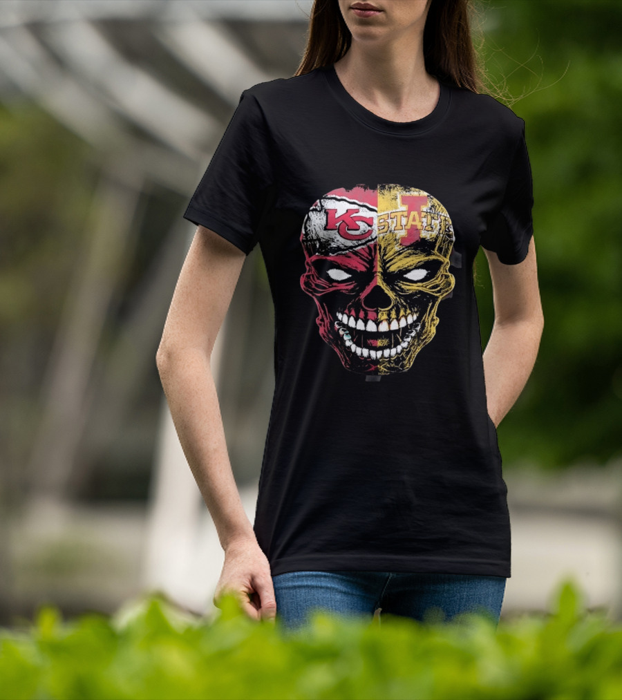 Kansas City Chiefs Iowa State Cyclones Skull Split Face T-Shirt