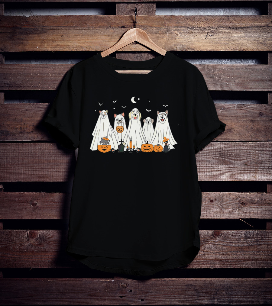 Halloween Ghost Dog Pack With Pumpkins And Moonlit Night T-Shirt