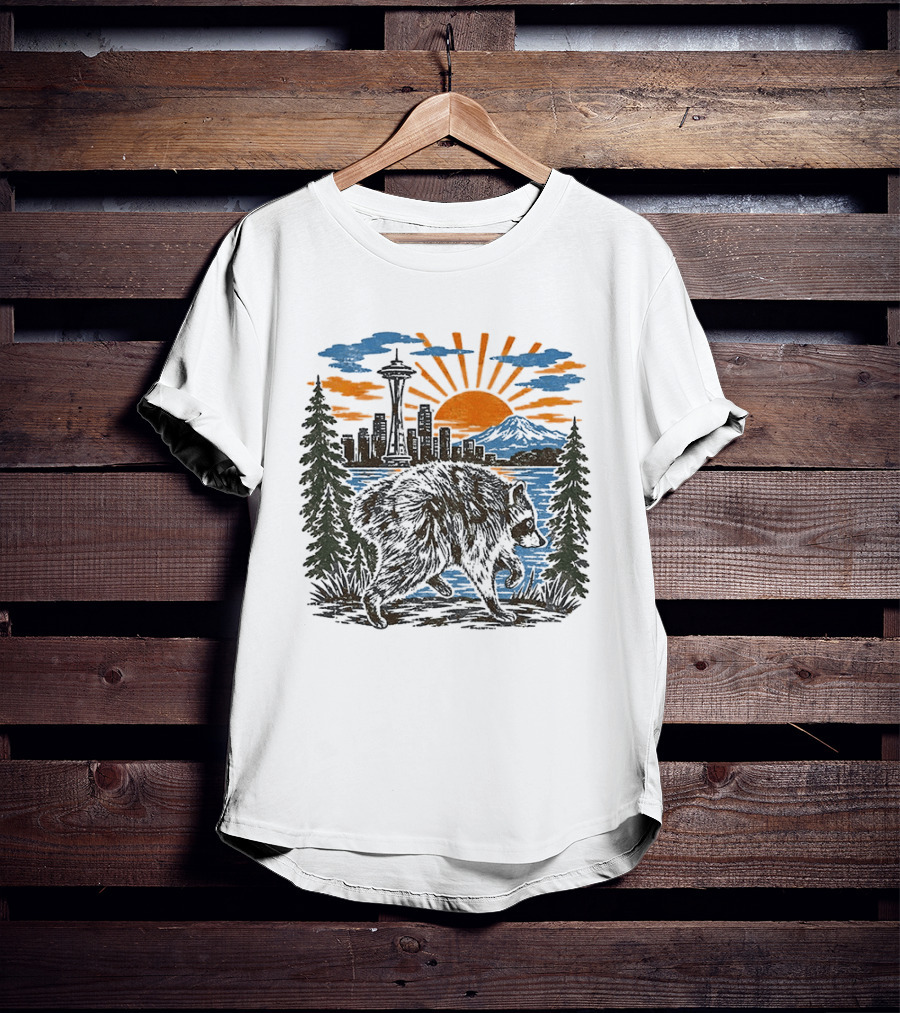 Raccoon Jimothy Seattle Skyline Sunset With Space Needle T-Shirt