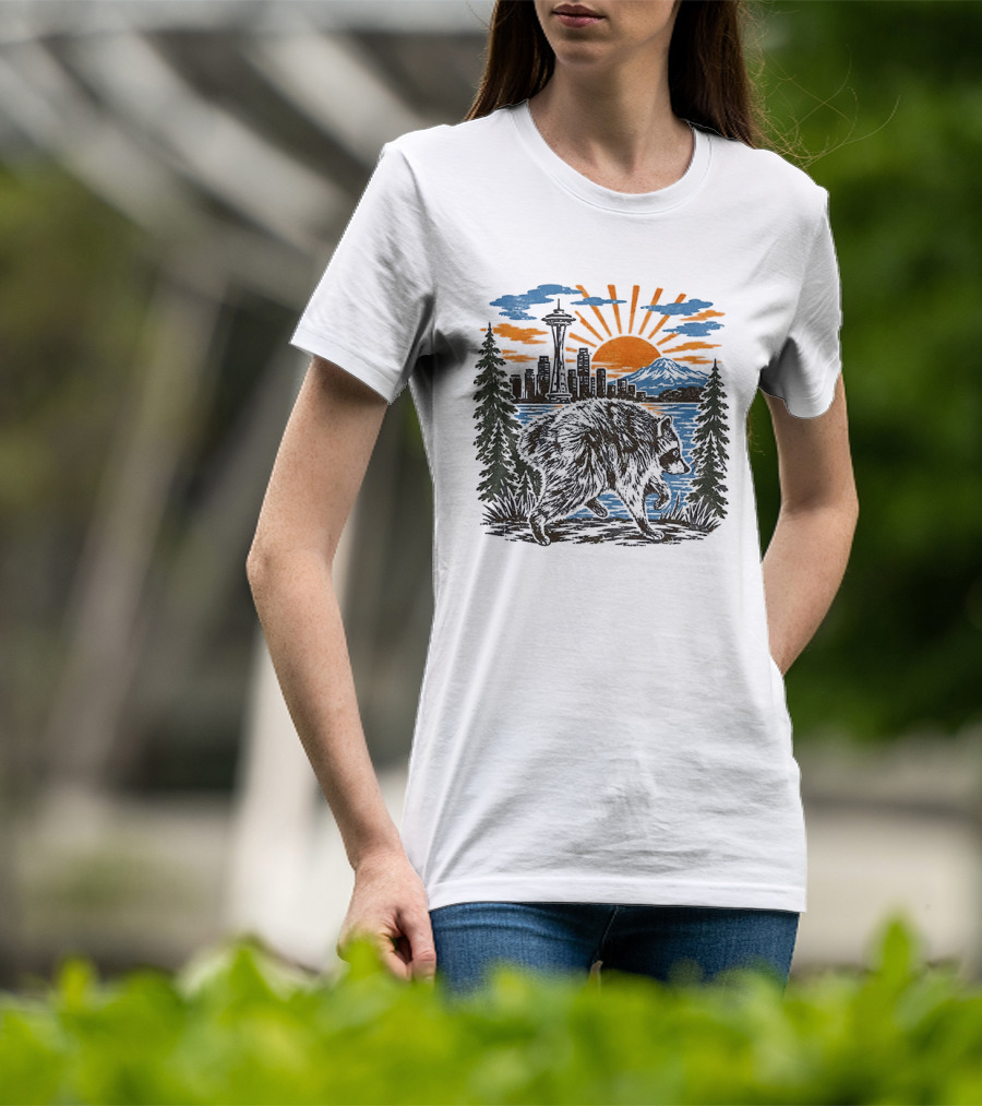 Raccoon Jimothy Seattle Skyline Sunset With Space Needle T-Shirt