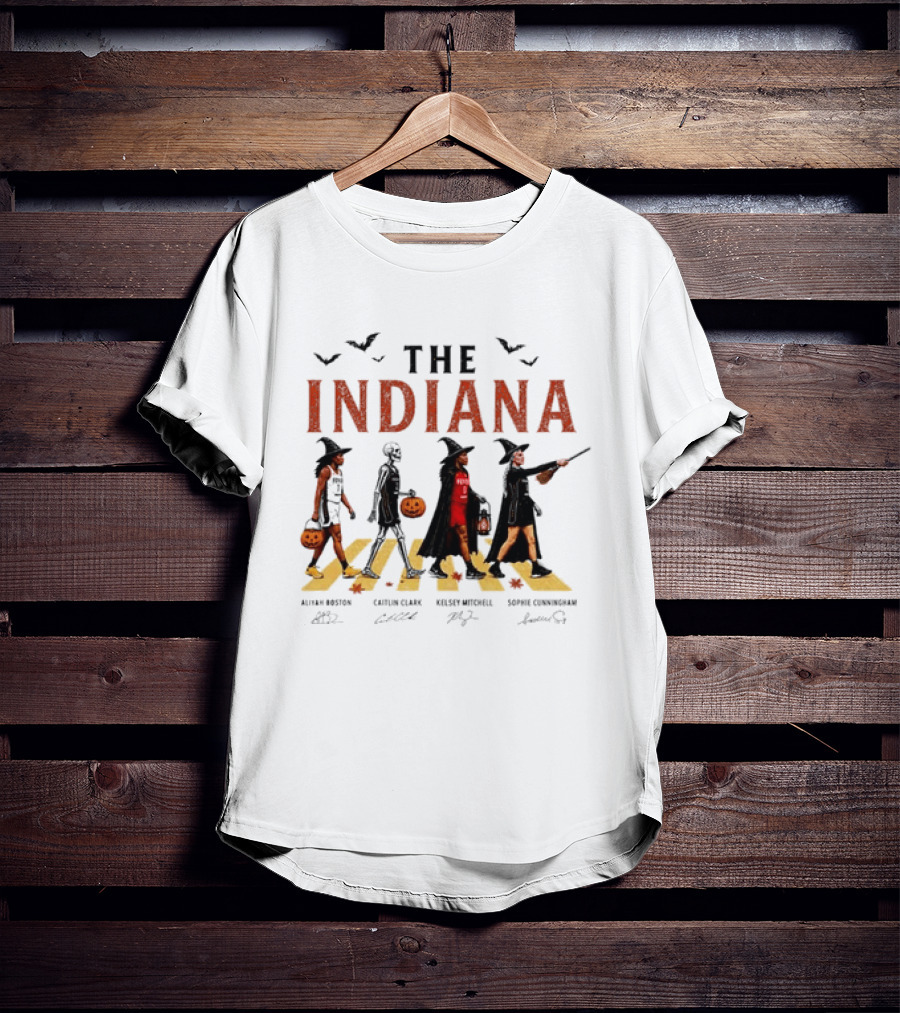 The Indiana Fever WNBA Aliyah Boston Caitlin Clark Kelsey Mitchell Sophie Cunningham Halloween Crosswalk Skeleton Witches Pumpkin T-Shirt