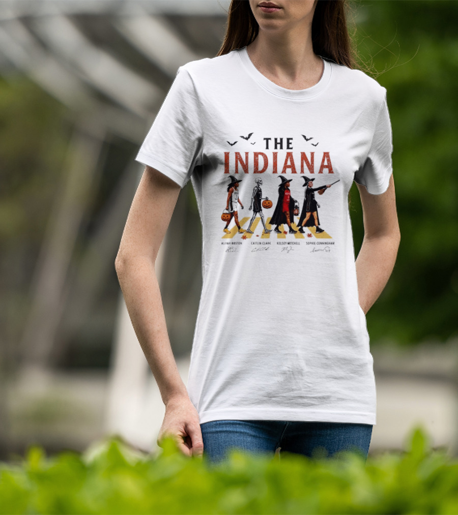 The Indiana Fever WNBA Aliyah Boston Caitlin Clark Kelsey Mitchell Sophie Cunningham Halloween Crosswalk Skeleton Witches Pumpkin T-Shirt