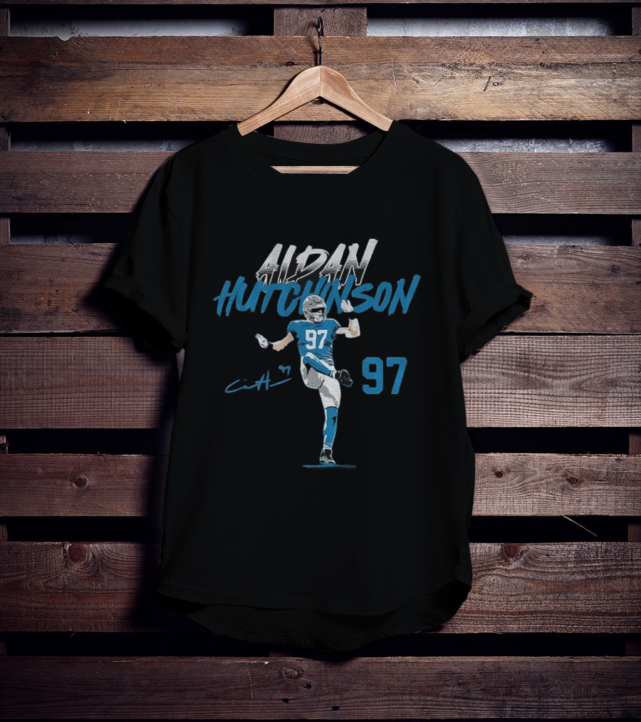 Aidan Hutchinson 97 Detroit Lions Football Player Signature NFL T-Shirt