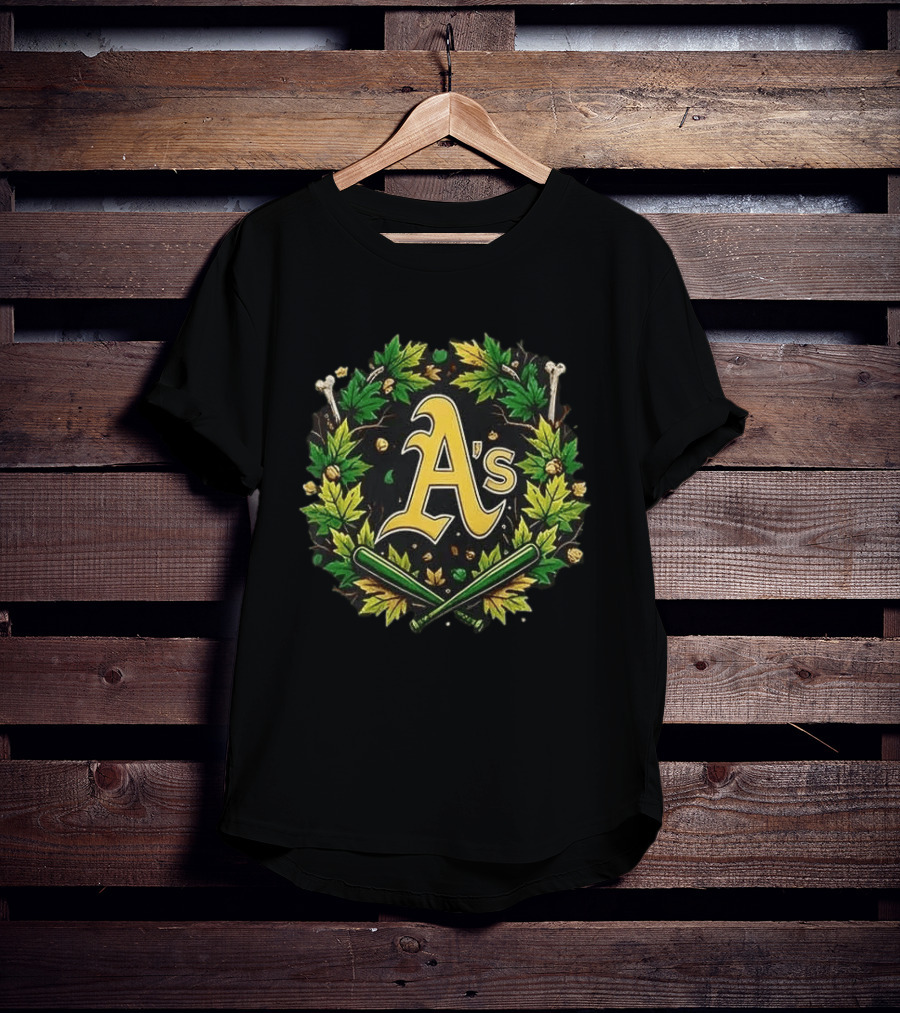 A's Halloween Maple Leaves Skull Crossed Bats Baseballs T-Shirt