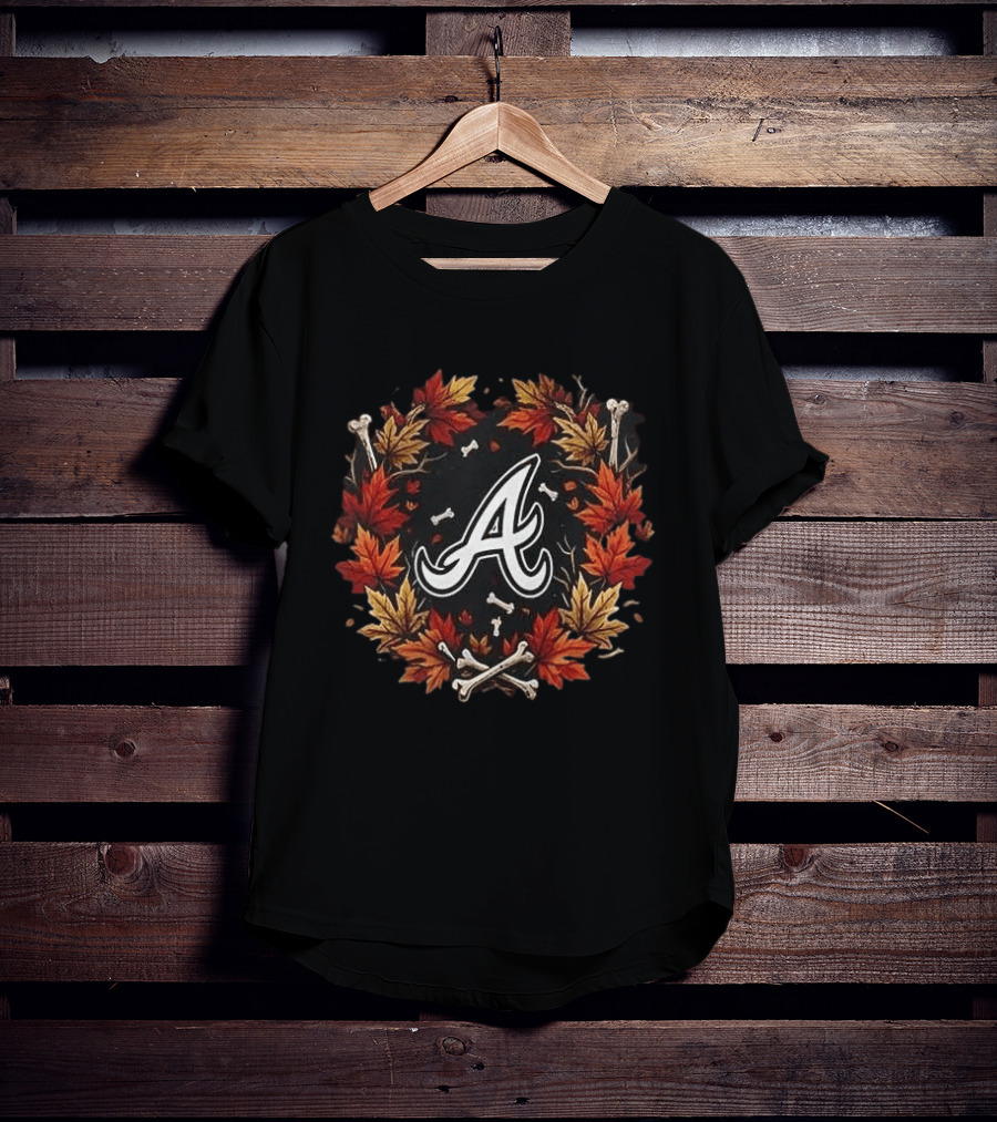 Atlanta Braves Halloween Maple Leaves Skull Bones Crossed Bats T-Shirt