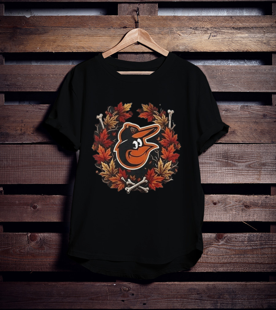 Baltimore Orioles Halloween Maple Leaves Skull Crossed Bats Baseballs T-Shirt